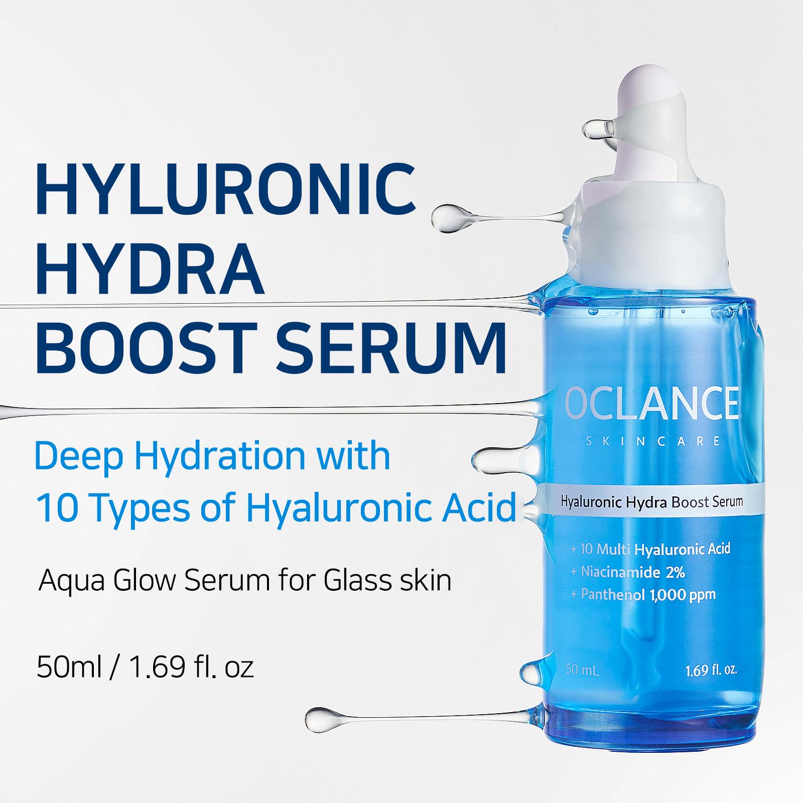 OCLANCE Hyaluronic Hydra Boost Serum with 10 Multi Hyaluronic Acid, Niacinamide, Panthenol | Lightweight, Hydrating for Glowing Skin | Non-Greasy, Fragrance-Free, Korean Skincare | 50ml / 1.69 fl. oz