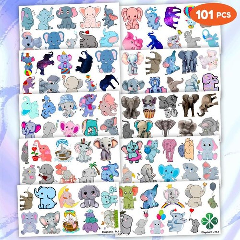 101 PCS Cute Elephant Temporary Tattoos Themed 1st Birthday Party Decorations Supplies Favors Decor Baby Pink Blue Animal Tattoo Stickers Gifts For Boys Girls Classroom School Prizes Carnival Cartoon
