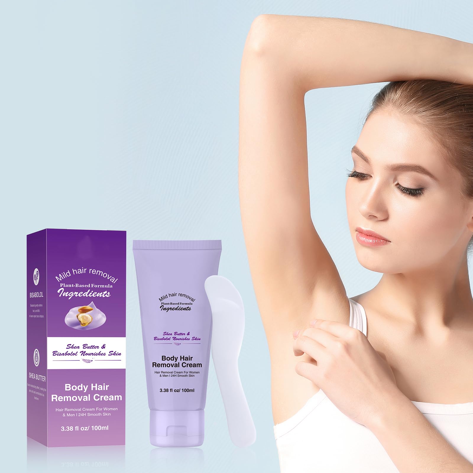 Body Hair Removal Cream 3.38 fl oz, Plant Based Depilatory Cream for Women & Men with Shea Butter and Bisabolol, Gentle Hair Removal for Arms Underarms and Legs