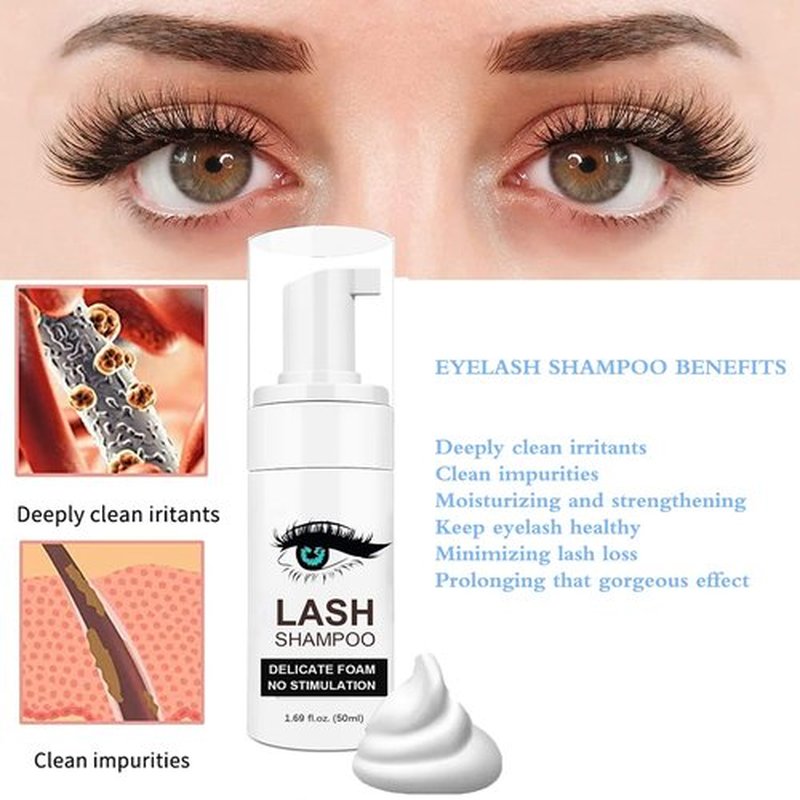 Shmian Lash Shampoo for Lash Extensions, Lash Fan with 50ml Eyelash Foam Cleanser and 50 Pcs Eyelash Brush and Rinse Bottle Oil Free/Sulfate Free Eyelash Wash Remover For Eyelash Extension Wash, Black