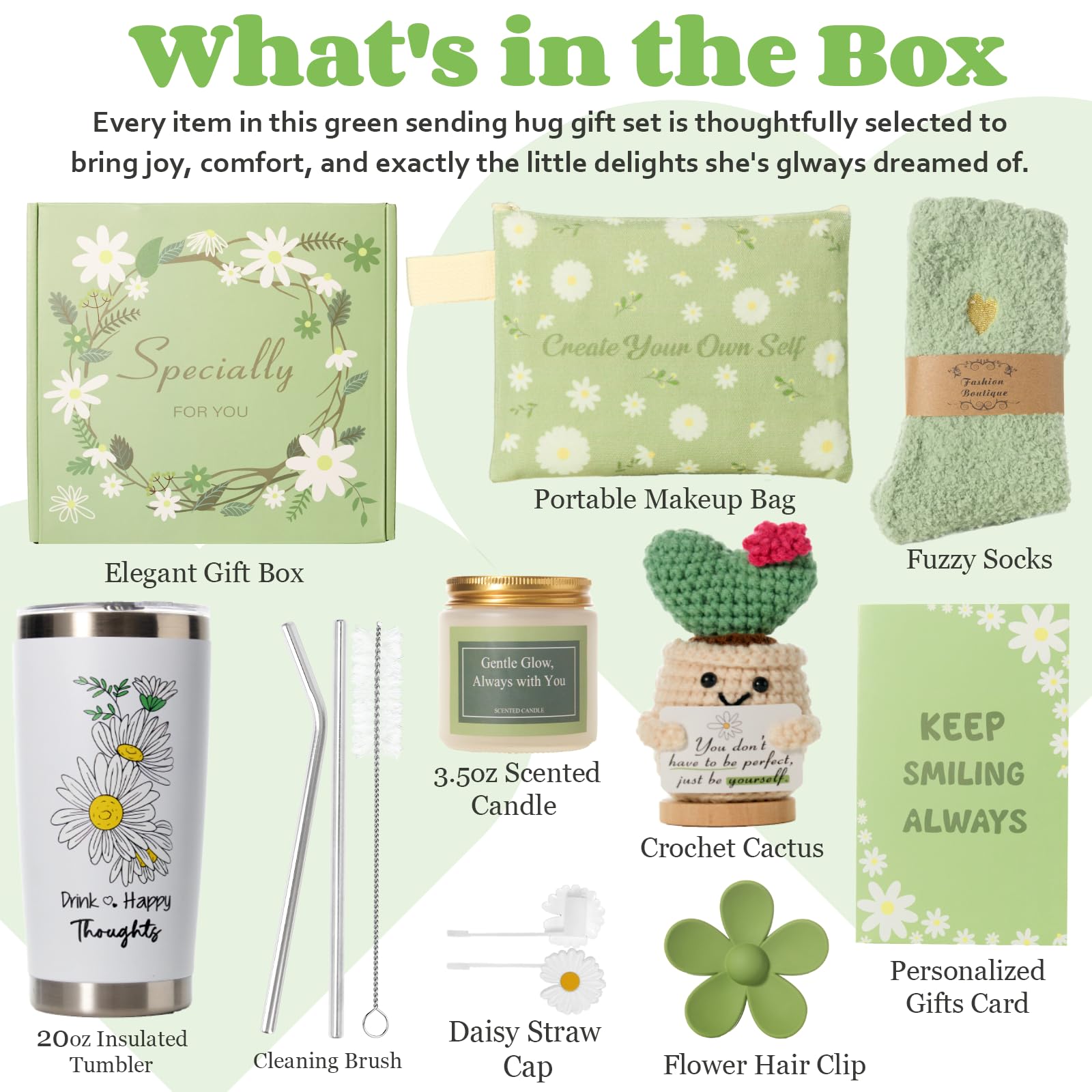 Gift Basket for Women - Unique Self Care & Birthday Gift Set for Her, Bestie, Sister, Teen Girl | Inspirational Green Friendship Gift Box, Get Well Soon & Thinking of You Gift - Brighten Her Day