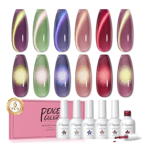 PEACECOLOR Cat Eye Gel Nail Polish Set, 6 Colors Glitter Red Green Purple Nude Sparkle Gel Polish Set Soak Off U V Lamp Magnetic Nail Polish Kit Gifts for Women DIY Home Salon