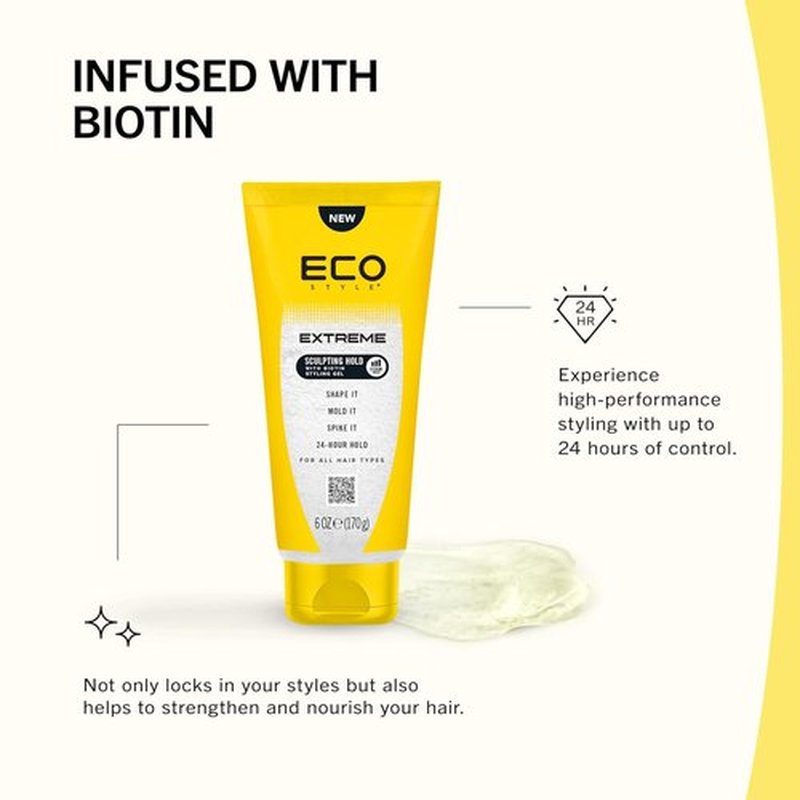 Eco Style Extreme Sculpting Gel with Biotin - Maximum Hold Hair Gel for Strength & Shine | 6 Ounce, Alcohol-Free