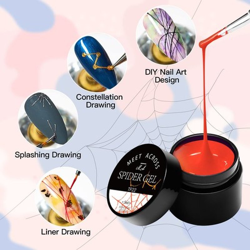 MEET ACROSS 6 Colors Luminous Spider Gel, Glow In The Dark Nail Art Drawing Gel for Line, Painting Elastic Drawing Spider for Nail Art, Soak off UV LED, DIY Manicure with Brushes
