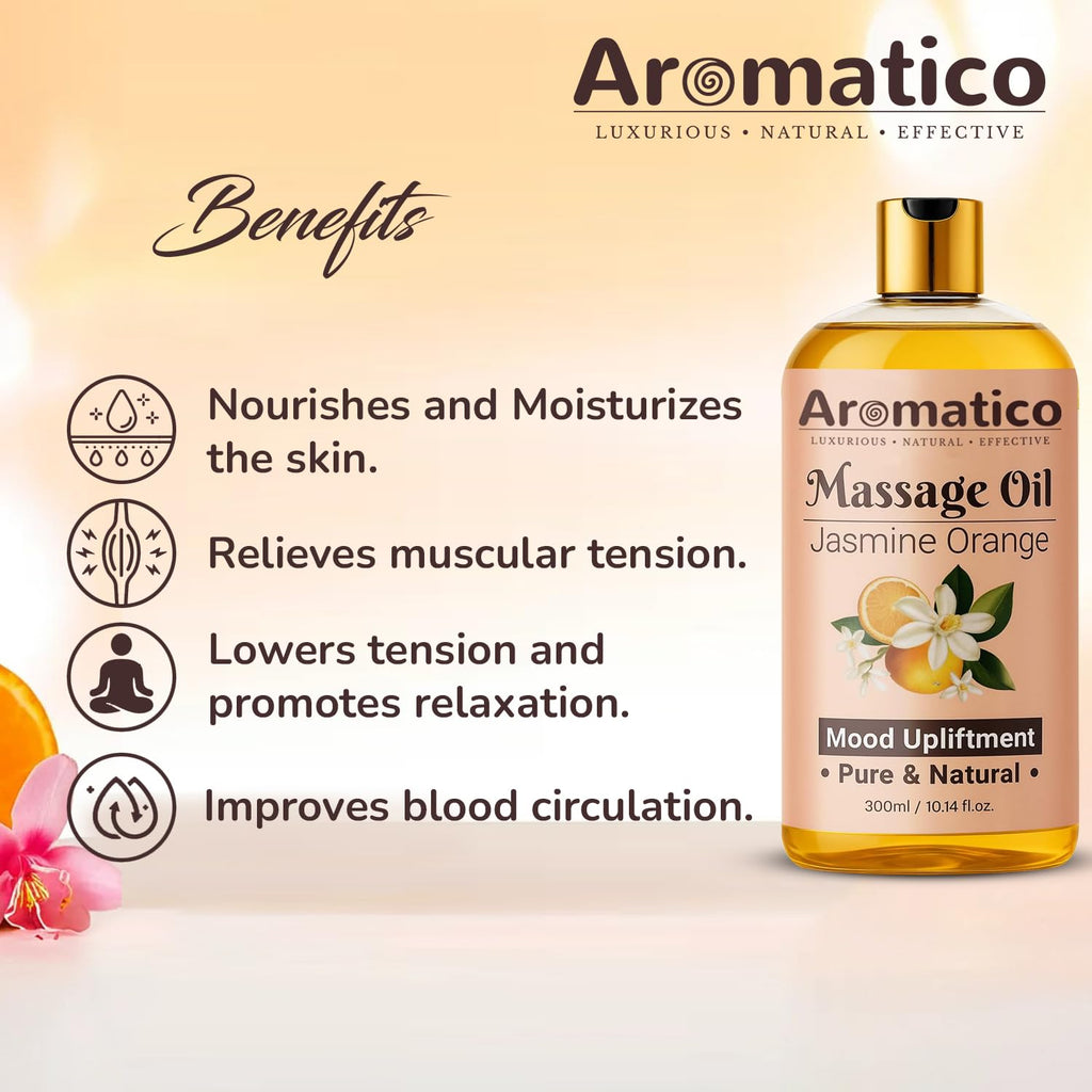 AROMATICO Massage Oil for Massage Therapy with Jasmine & Orange Essential Oils. Infused with Sesame, Almond & Jojoba Oils. Full Body Massage Oil for Mood Upliftment – 10 Fl Oz