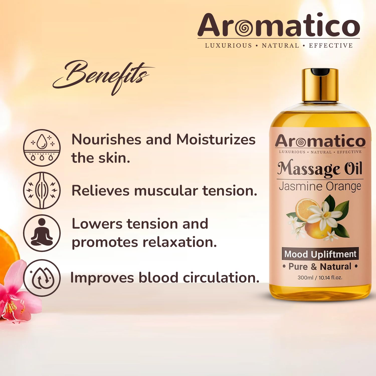 AROMATICO Massage Oil for Massage Therapy with Jasmine & Orange Essential Oils. Infused with Sesame, Almond & Jojoba Oils. Full Body Massage Oil for Mood Upliftment – 10 Fl Oz