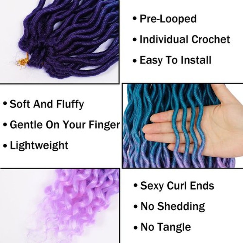 Ombre Faux Locs Crochet Hair 20inch 5Pack(120Strands)Ombre Goddess Locs Crochet Hair Pre Looped Crochet Faux Locs With Curly Ends Faxu Locs Crochet Hair for Black Women(Purple/Lake Blue/Light Purple)