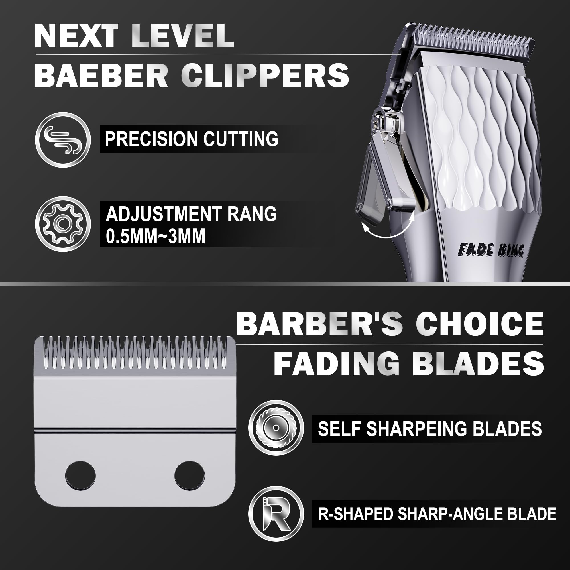 FADEKING Professional Hair Clippers for Men, Cordless Barber Clippers with LED Display, Rechargeable Hair Cutting Kit for Fade & Taper, Fathers Day Gift for Dad Men Husband (Silver+Black)