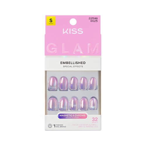KISS GLAM Embellished Press On Nails Short, One n Only, Pink, Round, 32 Count