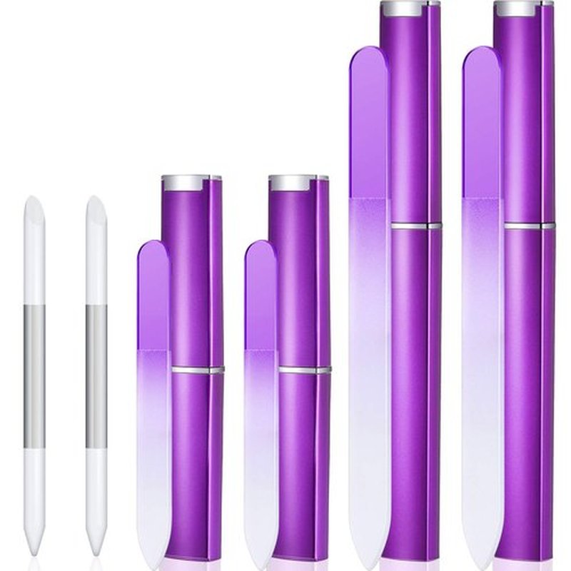 Mudder 6 Pack Crystal Glass Fingernail File with Case for Natural Nail and Cuticle Pusher Dual Ended Manicure Stick Set Nail Care Large Small Portable Tool Gift for Women Pastel Green Violet(Purple)