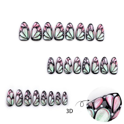 Almond Press on Nails,Short Fake Nails Almond Shape with Butterfly Designs Acrylic False Nails 3D Nails Press Ons Glue on Nail 24pcs for Girl