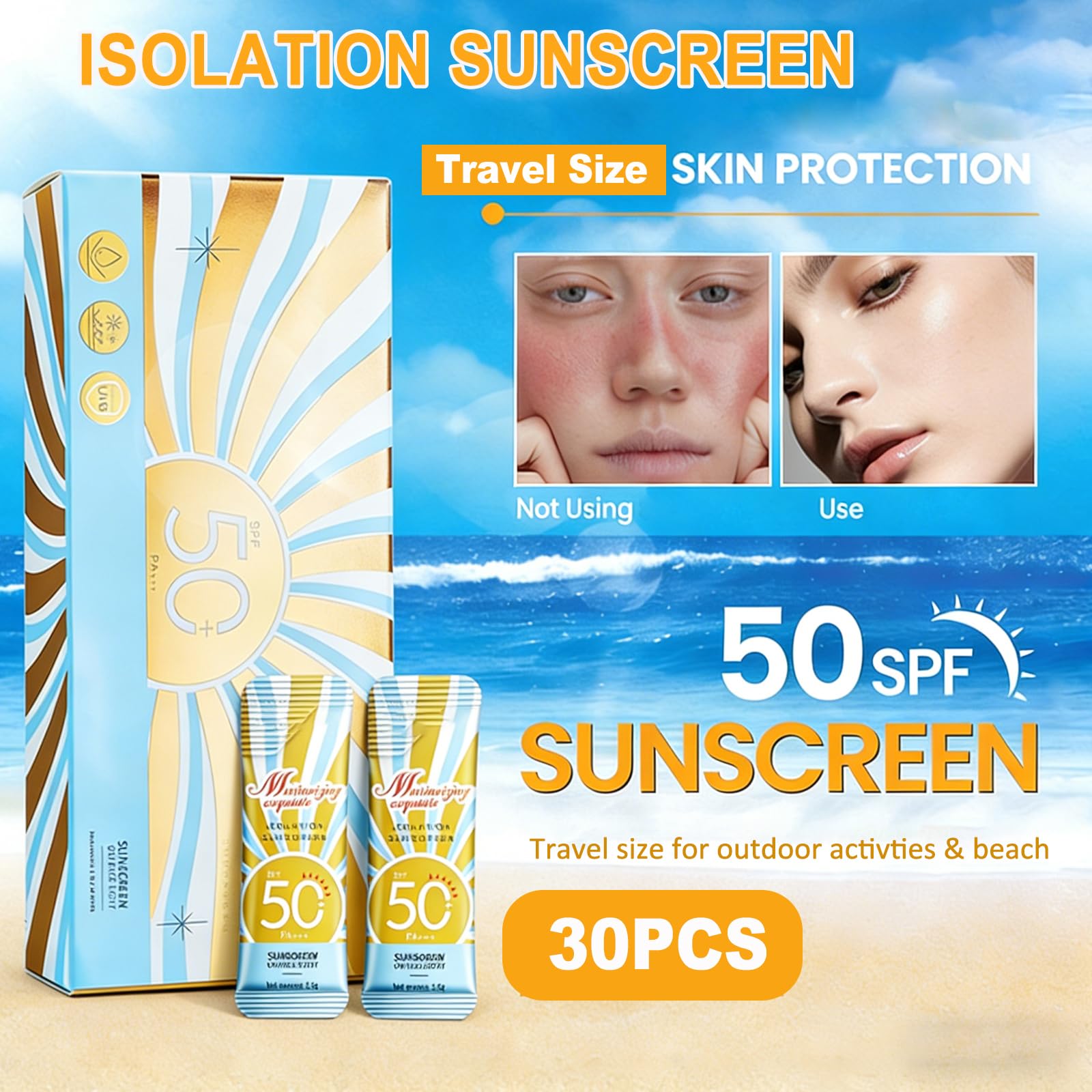 30 PCS Mini Sunscreen Bulk, SPF 50 Travel Size Sunscreen for Face and Body, Mini Travel Sunscreen Lotion, Vacation Essentials,Outdoor Sports & Party Favors, Lightweight and Non-Greasy