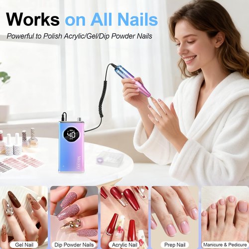 Electric Nail Drill File Professional 40000 RPM, Melodly Rechargeable Electric Nail File Machine Kit for Acrylic Gel Nails Polishing Removing, Portable Cordless Efile with Gold Bits Kit at Salon Home