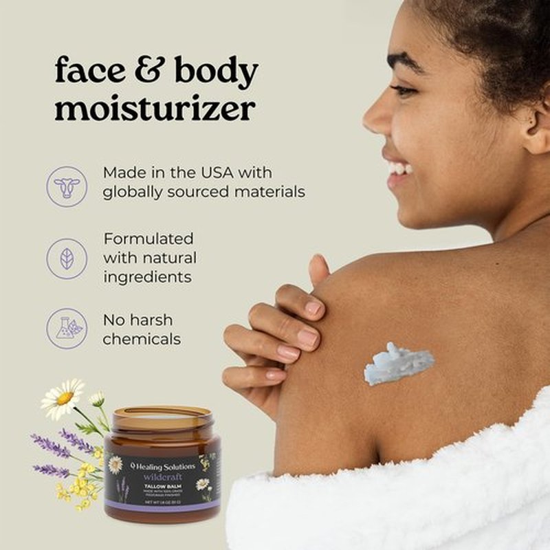 Healing Solutions - Beef Tallow and Honey Balm for Face, Chest & Skin (1.8oz), Grass Fed/Grass Finished Beef Tallow with Manuka Honey & Lavender Chamomile Blend, Made in USA, Moisturizing Skincare