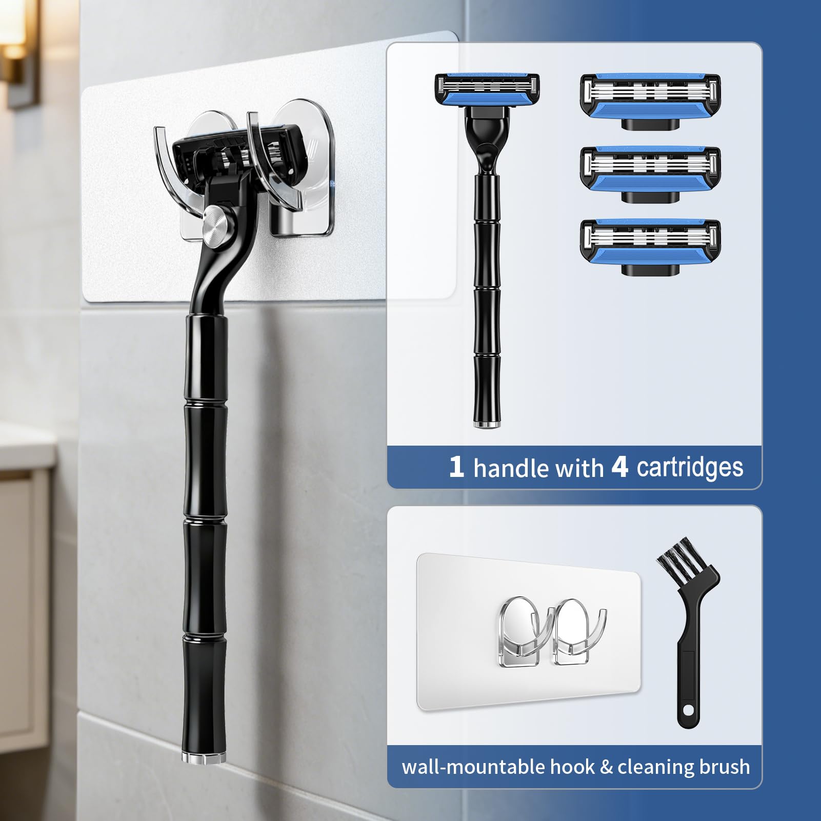 FYNEDGE 3-Blade Men Razor with Lubricating Strip & Pivoting Head - Safety Razor Blades Kit Includes 1 Handle, 4 Razor Blade Refills, Wall Hook & Cleaning Brush