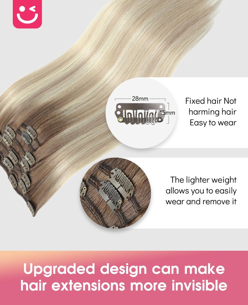 Youngsmile Human Hair Extensions Clip in Balayage Ash Brown Fading to Platinum Blond mixed Ash Blond Clip in Hair Extensions For Women Easy To Install Full Head 16inch 7Pcs 120g (CLIP#8/60/18-16Inch)