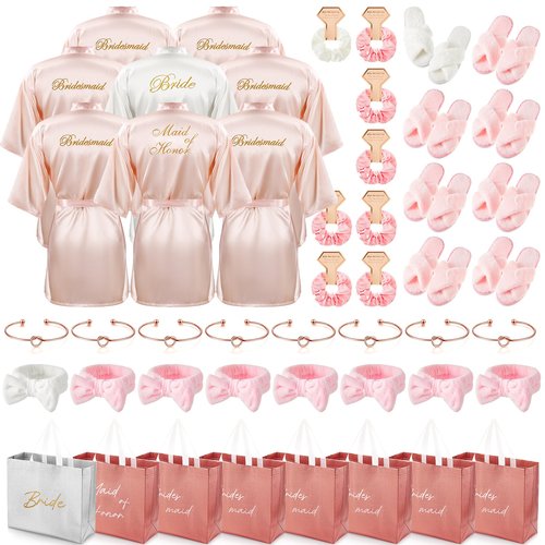 Shyyween 48 Pcs Bridesmaid Bride Robes Set of 8 Bridal Party Silk Satin Robes for Wedding Bachelorette Party Gifts (White,Pink)