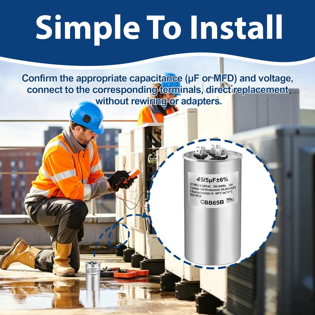 45/5 MFD 45+5 uF ±6% 370V/440VAC CBB65B Dual Run Circular Start Capacitor for AC Motor Run or Condenser Straight or Fan Start（60 * 100mm）