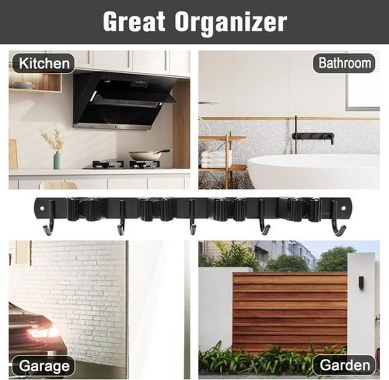 Skiennix Mop and Broom Holder - Wall Mount Organizer with 4 Racks & 5 Hooks | Heavy-Duty Stainless Steel for Home & Garage