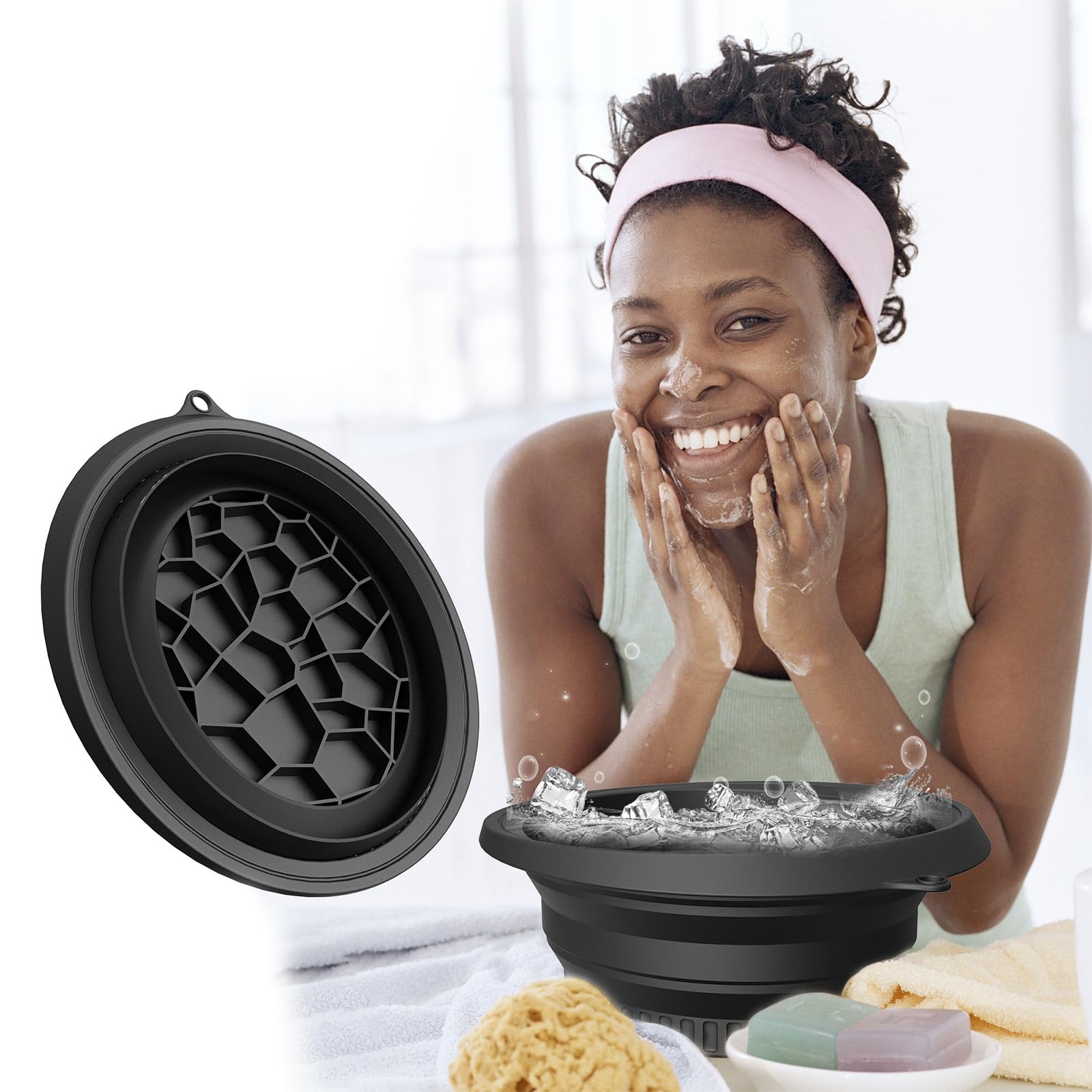 Zjyufy 2pcs Face Bowl for Ice with Built-in Ice Tray, Facial Cold Plunge Face Ice Bath Bowls, Collapsible Portable Reusable Silicone Cold Plunge Basin for Skin Tightening, Acne Relief , Black