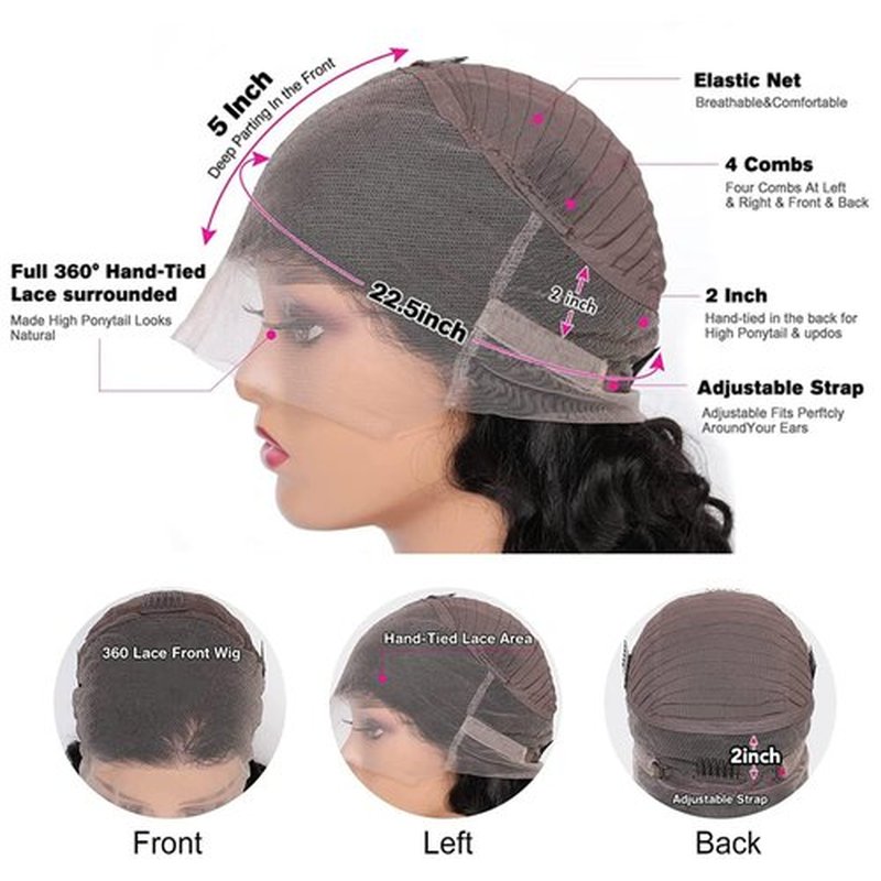 kloiynj 360 Lace Front Wigs - 220% Density Body WaveHD Lace Front Wigs - Brazilian Virgin 16 Inch - Full LaceWigs Pre Plucked with Baby Hair - Natural Color