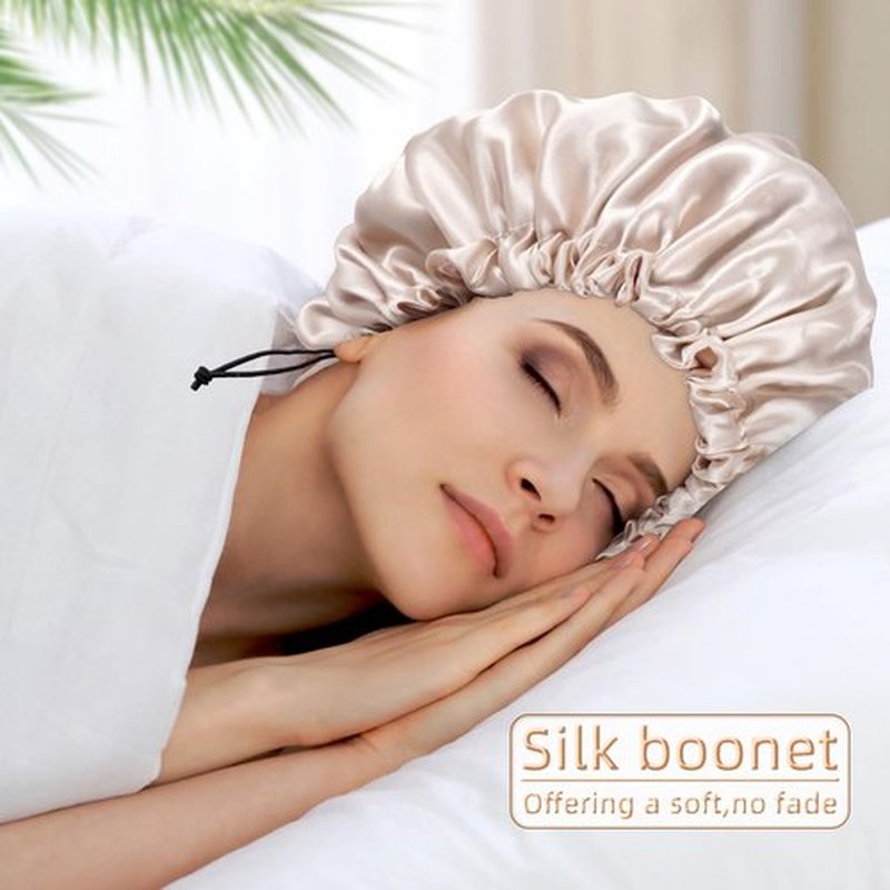Satin Silk Bonnet for Curly Hair Bonnet Braid Bonnet for Sleeping Bonnets for Women Large Double-Layer Adjustable(Black&Champagne)