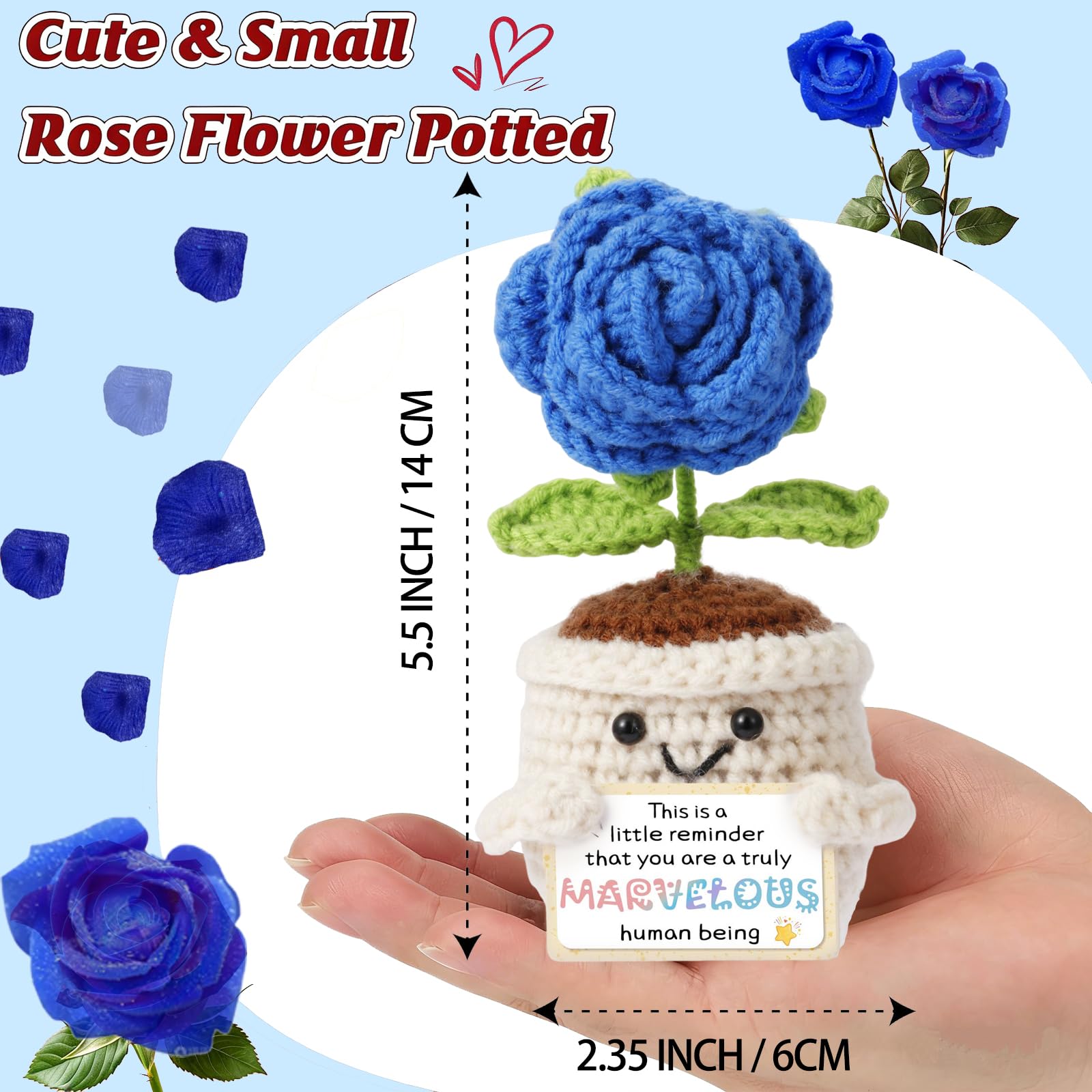 QAOULS Emotional Support Crochet Positive Rose Flower Inspirational Gifts for Men, Father's Day Birthday Thank You Gifts from Son Daughter Handmade Knitted Plant w/Card for Desk Decor