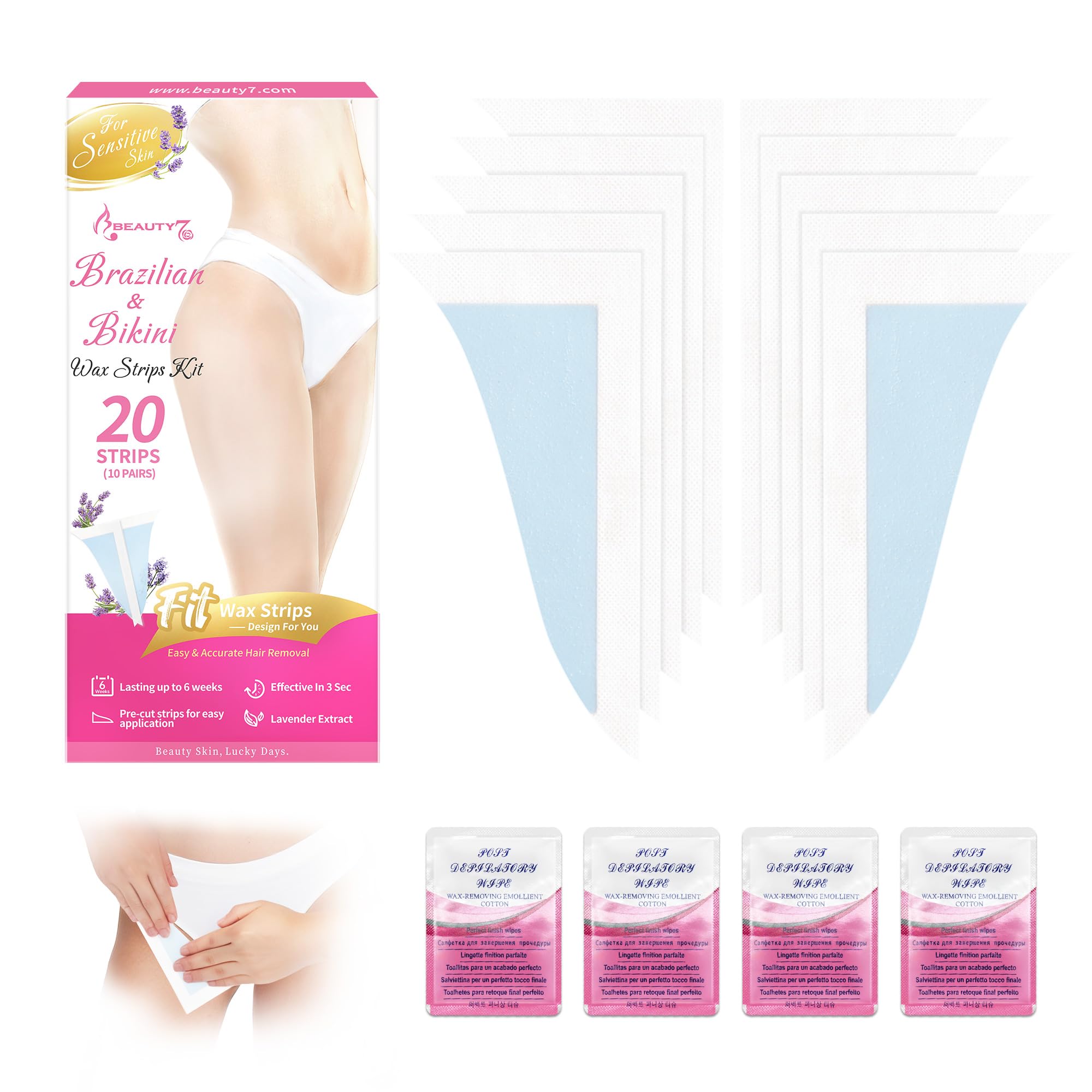 Beauty7 Bikini Wax Strips, Ready to Use Body Wax Strips, at Home Waxing, 20 Strip for Bikini, 4 Calming Oil Wipes for Sensitive Skin Types for Women
