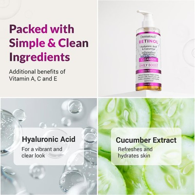 DERMATOUCH Retinol Face Cleanser, Daily Face Wash With Hyaluronic Acid, Cucumber, and Vitamins for Normal to Dry Skin, Hydrating Antioxidant Formula, Clean Skin Care, Made in USA, 8 Fl Oz