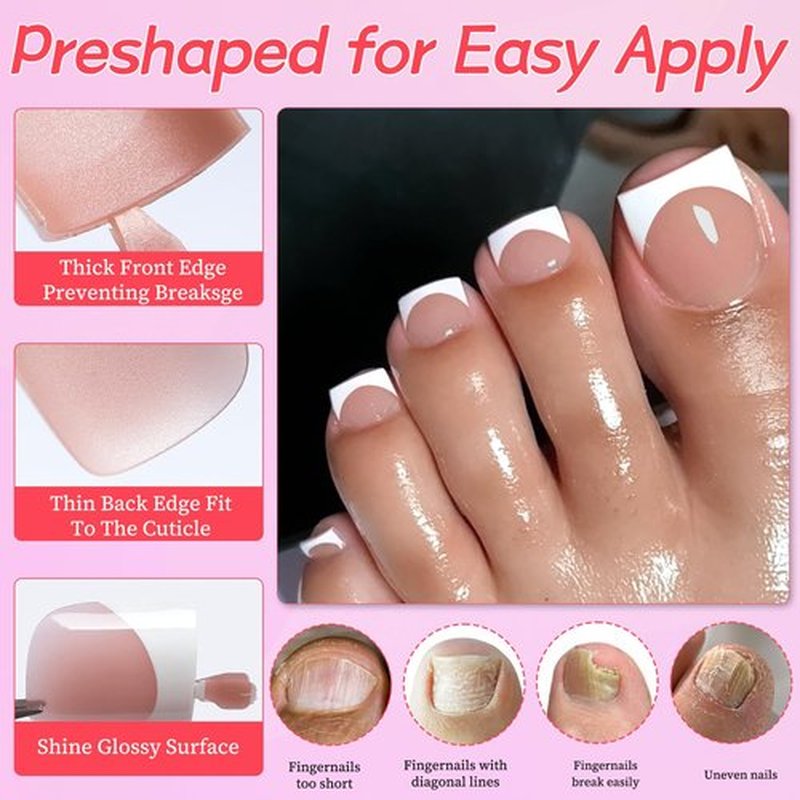 Lifextol 150PC Press on Toenails for Women Fake Toe Press on Nails French Tip Toe Nail Press ons with Sticky Tabs, 15 Size Fake Toenails Press ons Acrylic Toe Nail Tips Kit Pink Press on Toe Nails-G