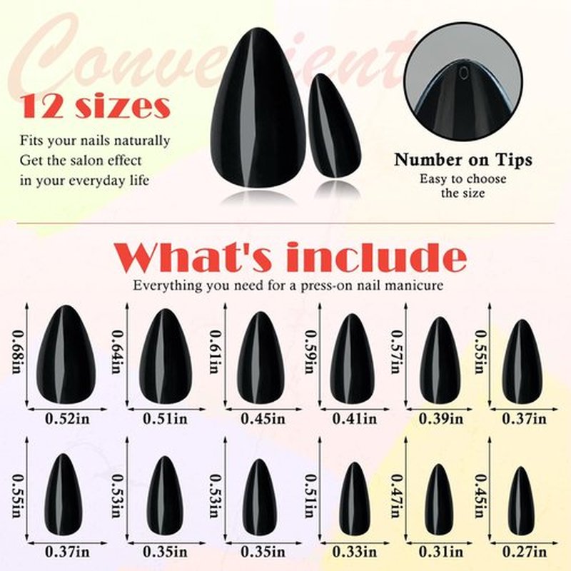 AddFavor 360pcs Almond Press on Nails Short Fake Nails, Black Short Almond Nails Press on Acrylic False Nail with Glue Adhesive Tabs for Women Girls