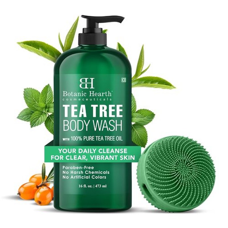 Botanic Hearth Tea Tree Body Wash - Infused with 100% Pure Tea Tree Oil & Coconut | 16 fl oz with Dual-Sided Brush