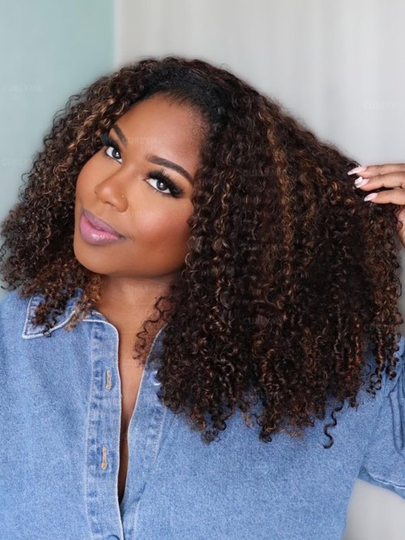 Curlyme Ombre Honey Blonde Kinky Curly Half Wig Human Wear and Go Glueless Install Flexible Fit 3 In 1 2/30 Color Half Wig Flip Over Invisible Hairline 18 Inch