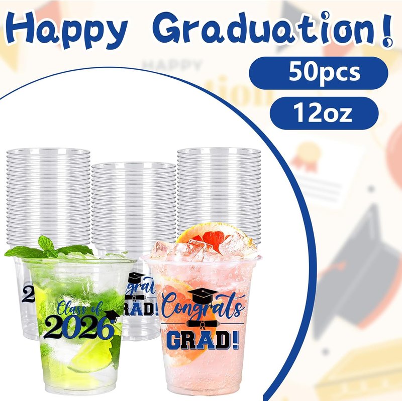 Whaline Graduation Plastic Cups - 50 Pcs 12 Oz Congrats Grad in Black & Blue | Perfect for Class of 2026 Party Decor