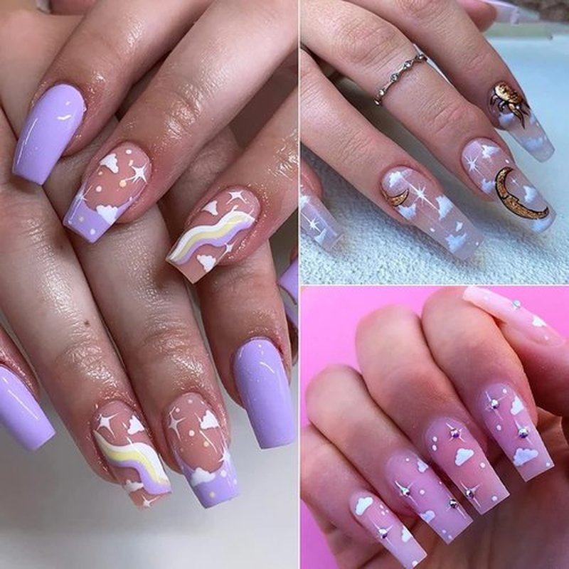 SILPECWEE 7 Sheets 5D Cloud Nail Stickers for Women, Girls & Kids - French Stripe, Star, Butterfly, Marble Nail Art Stickers - White Nail Decals - Self Adhesive Nail Designs
