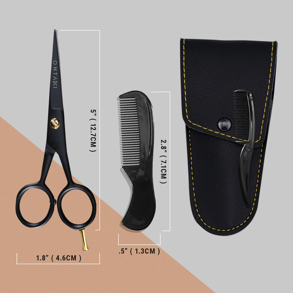 Ontaki Beard and Mustache Trimming Scissors & Combs for Men - 5" Black