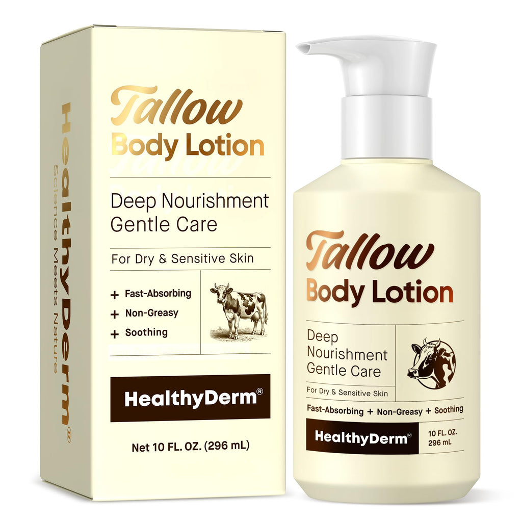 Beef Tallow Body Lotion for Skin: Grass-Fed Daily Moisturizing Cream for Dry, Mature & Crepey Skin, Fast-Absorbing, Non-Greasy, Fragrance-Free Moisturizer with Aloe & Shea Butter (Yellow Bottle)