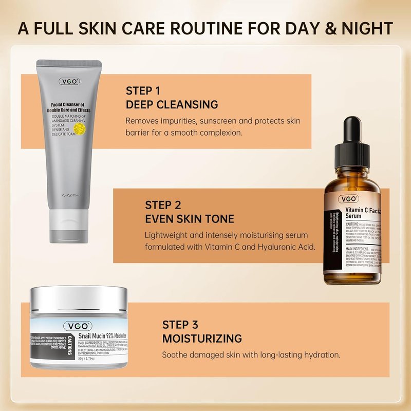 VGO Skin Care Set - Snail Mucin 92% Moisturizer, Vitamin C Serum & Dual-Tube Cleanser | Vegan & Cruelty-Free