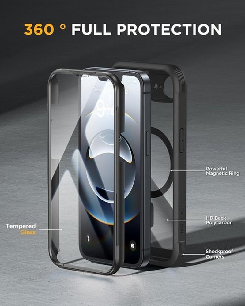 Miracase iPhone 17e & 16e Case - Full-Body Military Drop Proof Cover with Built-in Glass Protector | Black 6.1 Inch