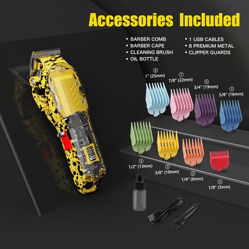 Tuanchuanrp Professional Hair Clippers for Men, Cordless Barber kit for Hair Cutting & Grooming, Hair Clippers Set for Barber Haircut with LED Display 8 Fade Taper Combs(Yellow)