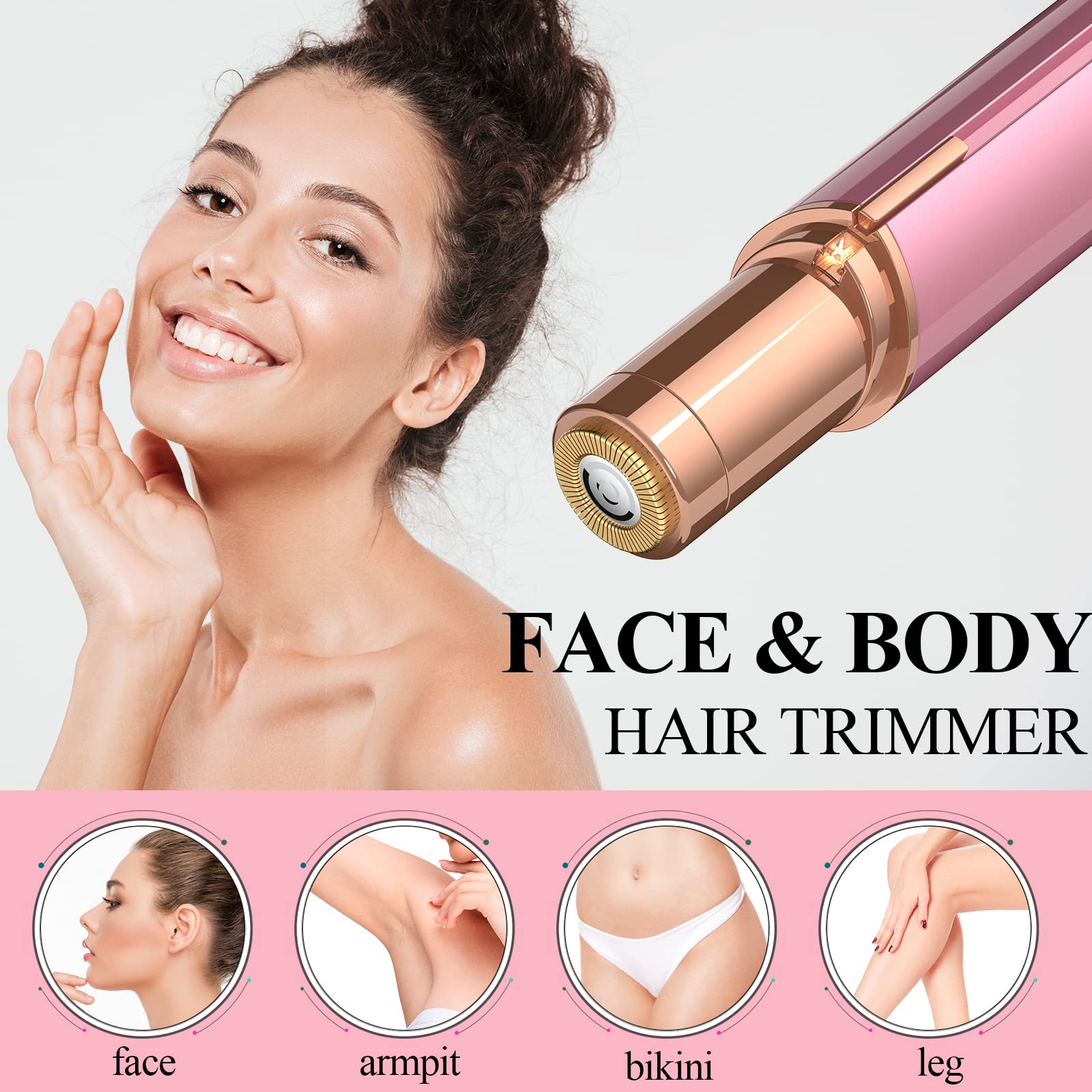 Facial Hair Removal for Women - USB Rechargeable Painless Hair Remover With LED Light for Face, Peach Fuzz, Upper Lip, Chin, Body (Rose Gold)