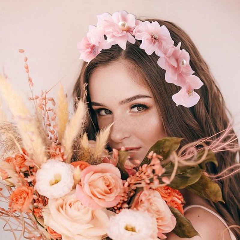 HIFANMM Flower Headband Spring Summer Hair Accessories for Women Girls, Pink Rose Flowers Hair Bands Pearls Elegant Decoration Headdress Party Wedding Supplies Non Slip Head Band 1 Pcs
