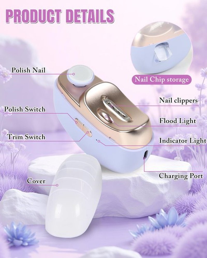 Electric Nail Clipper - 3-in-1 Trim/File/Polish with Nail Debris Catcher, 2 Speed Modes, LED Light, Type-C Rechargeable (for Fingernails),Purple