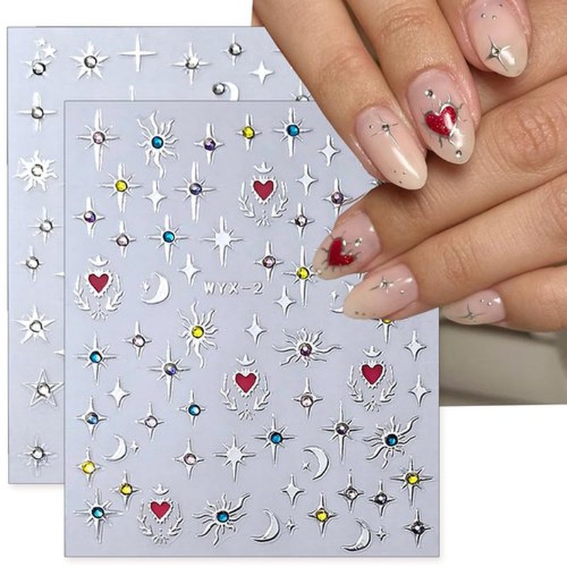 Shiny Moon Star Nail Stickers - 3D Glitter Crystal Nail Decals, Gold & Silver Nail Art Stickers, Self-Adhesive Luxury Rhinestones, Stars & Charms for DIY Nail Supplies