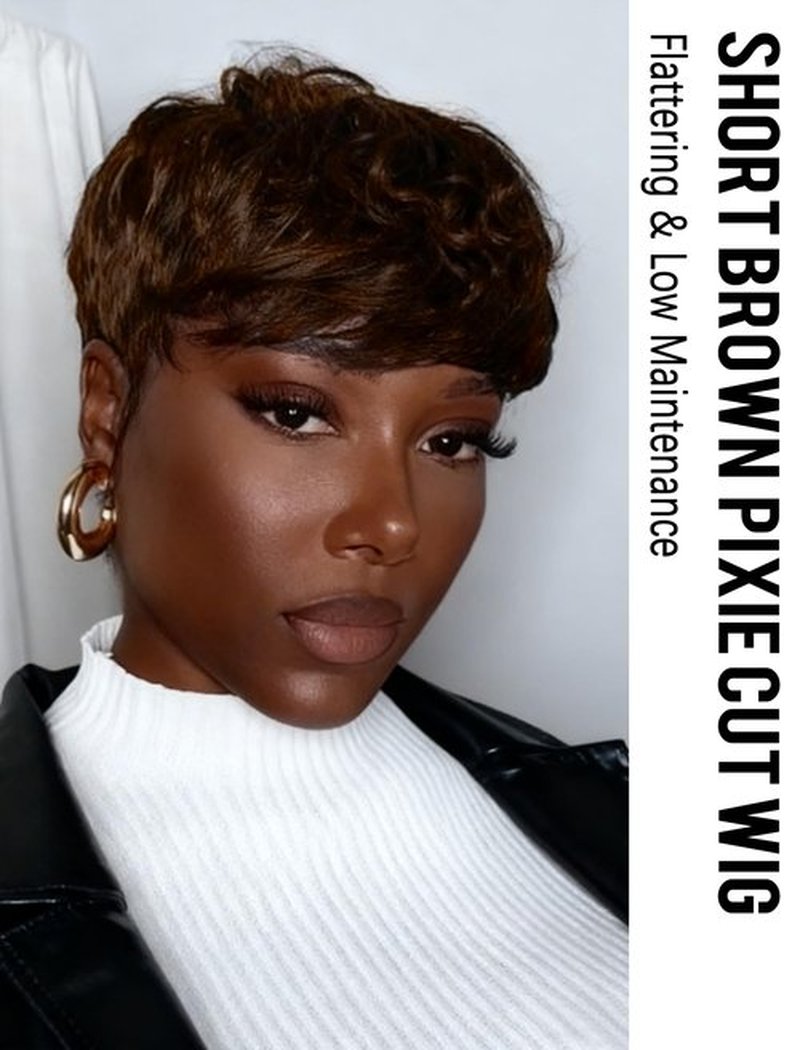 Realloves Pixie Cut Wig Human Hair Glueless Wear and Go Brazilian Virgin Remy Hair with Pre-Cut Bangs Short Wigs for Women, Full Machine Made Lightweight & Breathable Cap Chocolate Brown Color