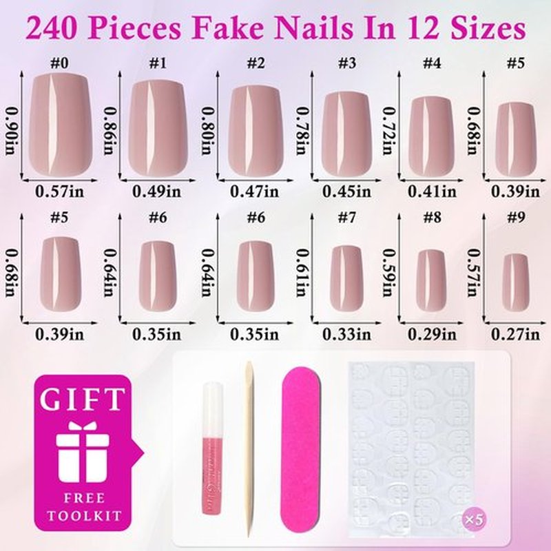 LoveOurHome 240pc Square Press on Nails Medium Fake Nails with Glue & Tabs, Medium Nails Press on Nails Square Acrylic Nails Nude Tan Glue on Nails False Nails Artificial Fingernails Stick on Nails