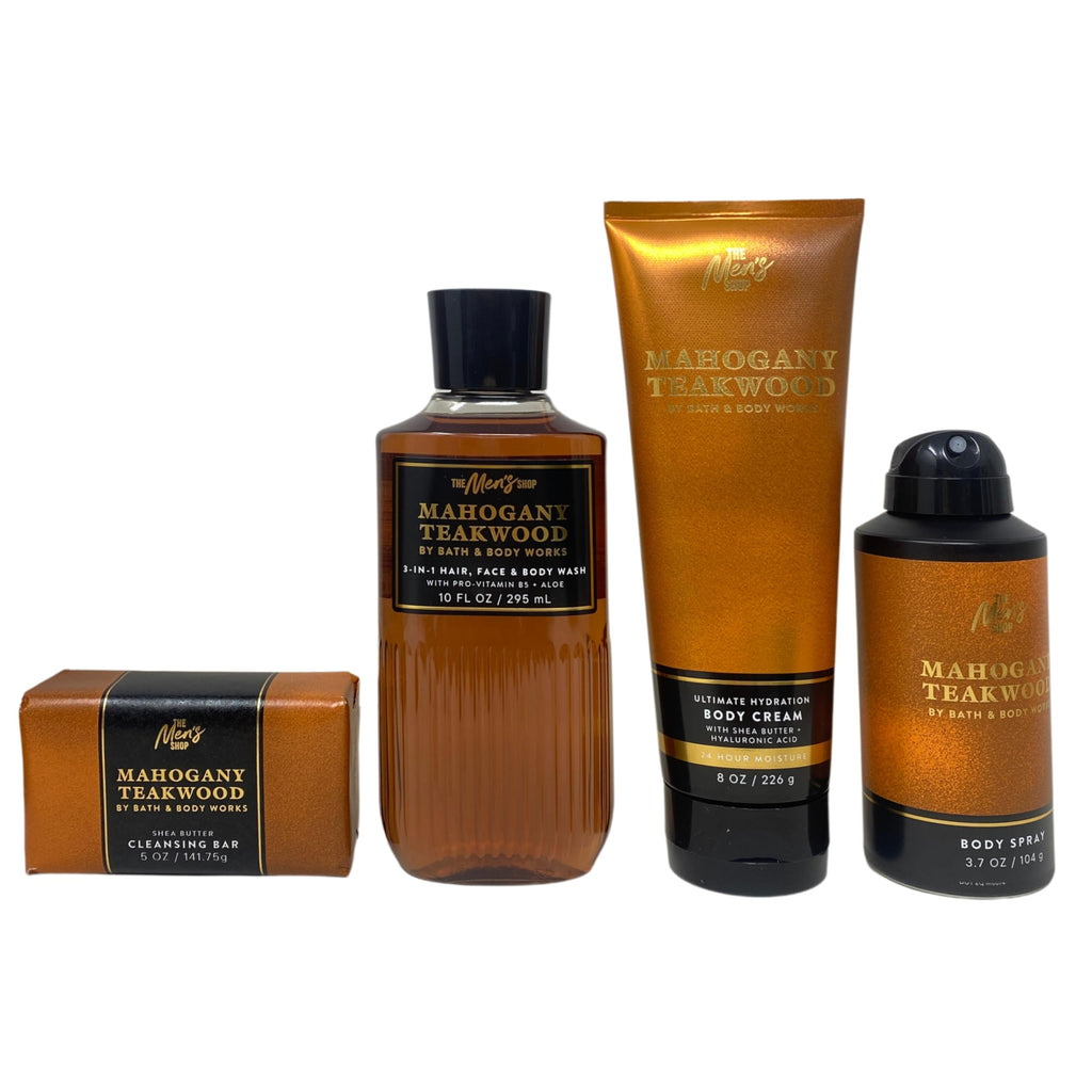 Bath & Body Works Men's Collection Mahogany Teakwood Gift - Body Cream - 3-in-1 Hair, Face & Body Wash - Body Spray and Cleansing Bar - with a Cabin Spice Bar Soap