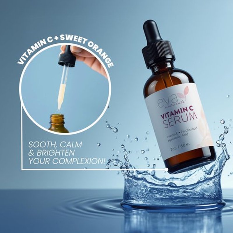 Eva Naturals Vitamin C Serum for Face - 20% Vit C with Hyaluronic Acid, Ferulic Acid & Vitamin E - Facial Serum for Dark Spots, Acne, Anti Aging, Glow & Even Skin Tone, 2 Fl Oz