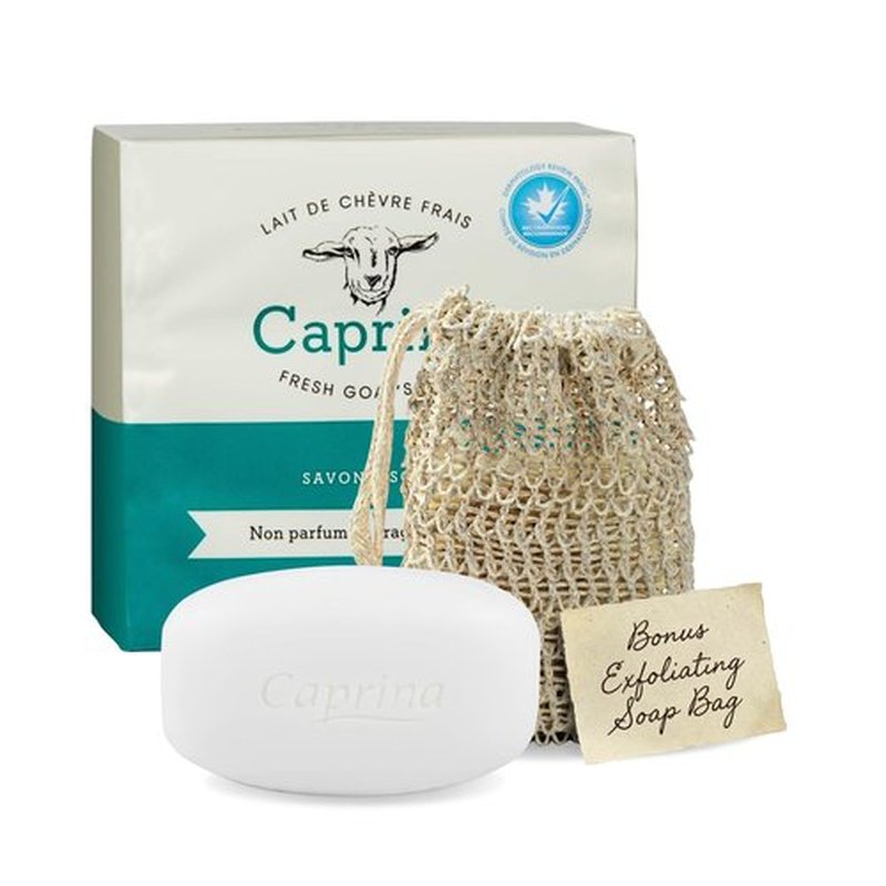 Caprina Fresh Goat Milk Soap Bar, FRAGRANCE FREE, 3.17 oz Each (3-Pack), Moisturizing & Gentle Cleansing, Includes Exfoliating Mesh Pouch