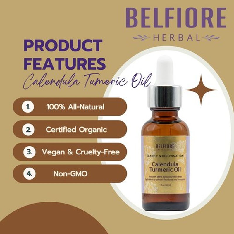 Belfiore Herbal Calendula Turmeric 100% Pure Natural Organic Oil, Healthy Skin, Collagen Boosting Anti Wrinkle, Vegan, 1 ounce